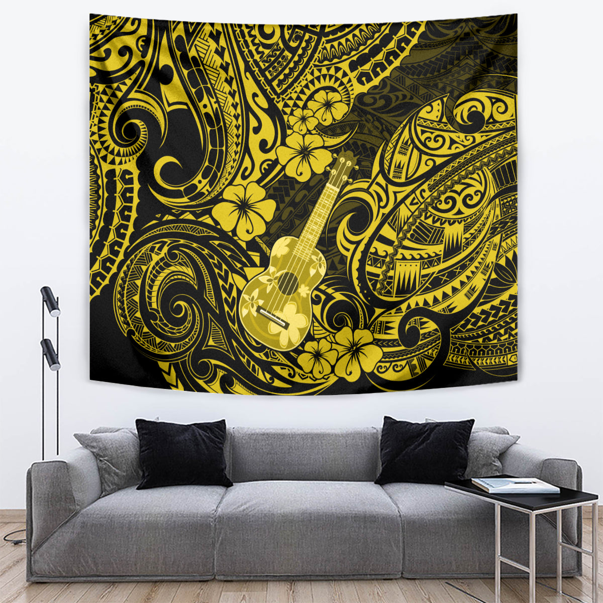Yellow and black Polynesian guitar tapestry on a wall above a sofa