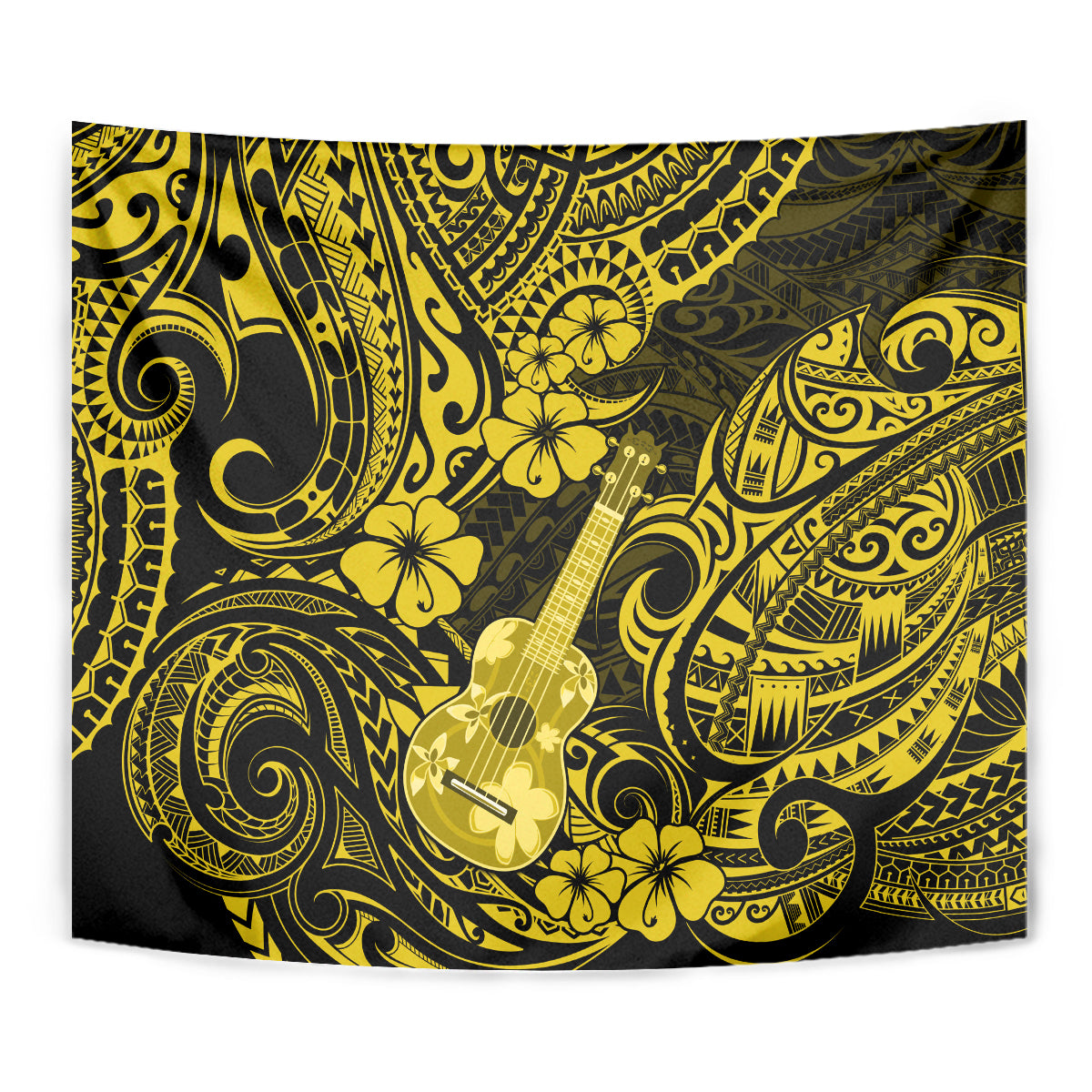 Yellow and black Polynesian guitar wall tapestry with intricate swirl and flower design