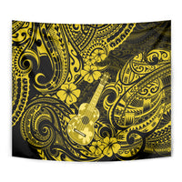 Yellow and black Polynesian guitar wall tapestry with intricate swirl and flower design