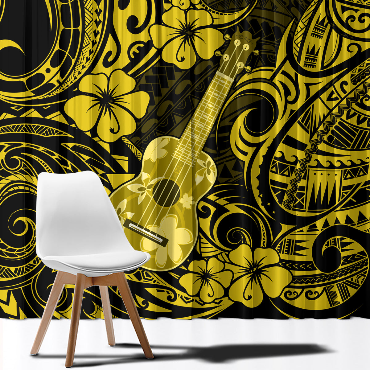 Yellow and black Polynesian pattern window curtain panel, close view with drape texture.