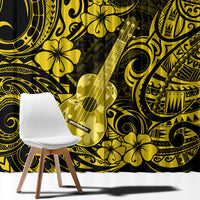 Yellow and black Polynesian pattern window curtain panel, close view with drape texture.
