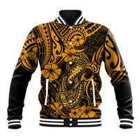 Gold and black Polynesian patterned baseball jacket with snap buttons and ribbed collar