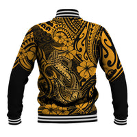 Gold and black Polynesian patterned baseball jacket, ribbed cuffs and hem