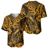 Gold and black Polynesian baseball jersey with fish hook graphic, short sleeves