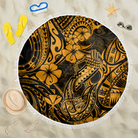 Round gold and black Polynesian pattern beach blanket with white fringed edge