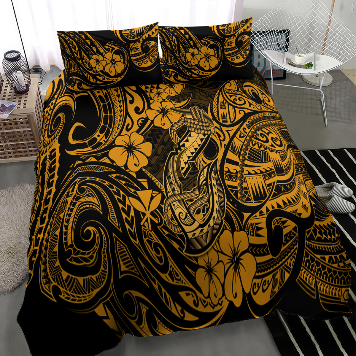 Gold and black Polynesian-pattern comforter bedding set with matching pillowcases