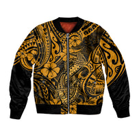 Unisex bomber jacket in gold with black sleeves and Polynesian fish-hook front zip