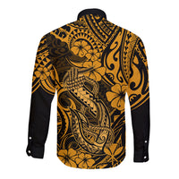 Gold and black long sleeve button shirt, back view, ornate Polynesian fish hook pattern
