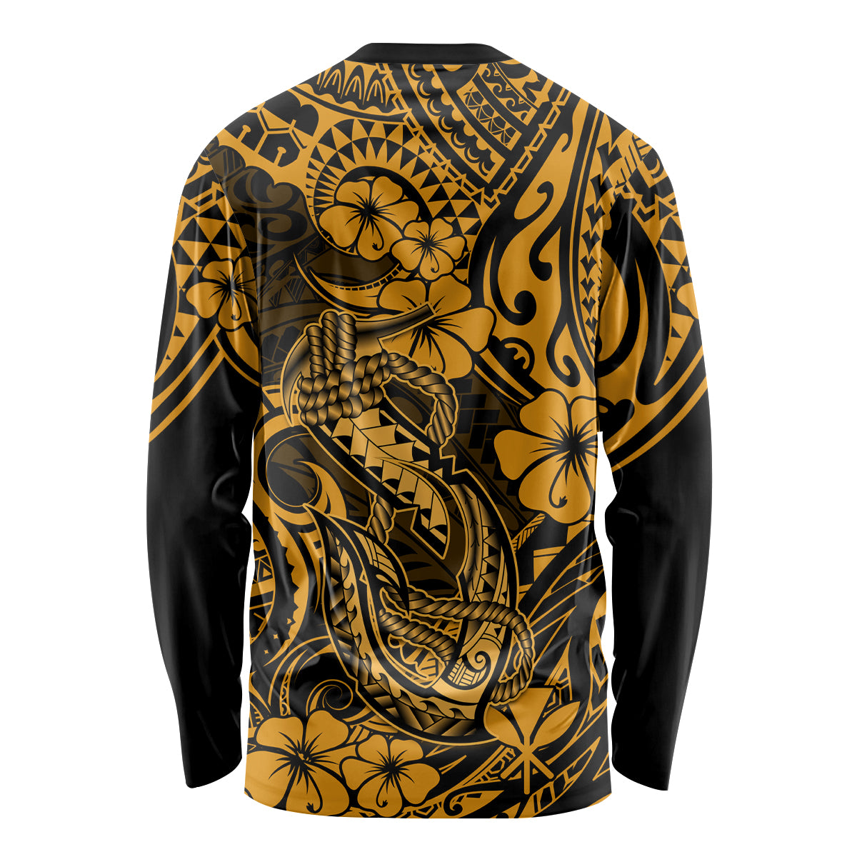 Unisex long sleeve shirt, gold with dark Polynesian fish hook and floral pattern