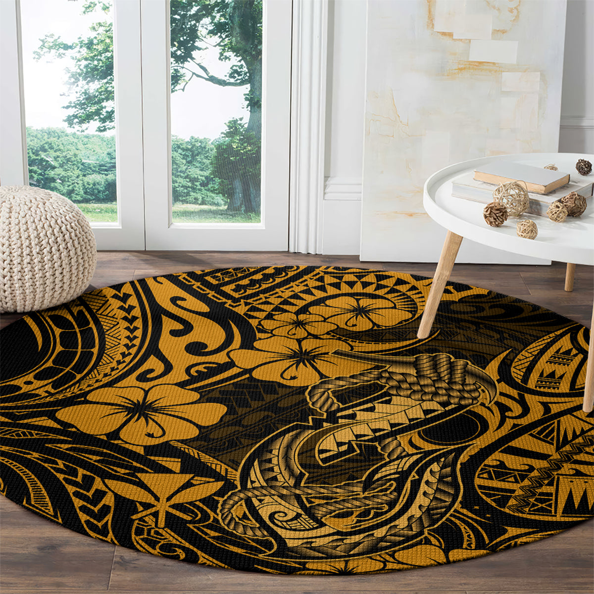 Round gold-and-black Polynesian fish hook patterned carpet on hardwood floor near window.
