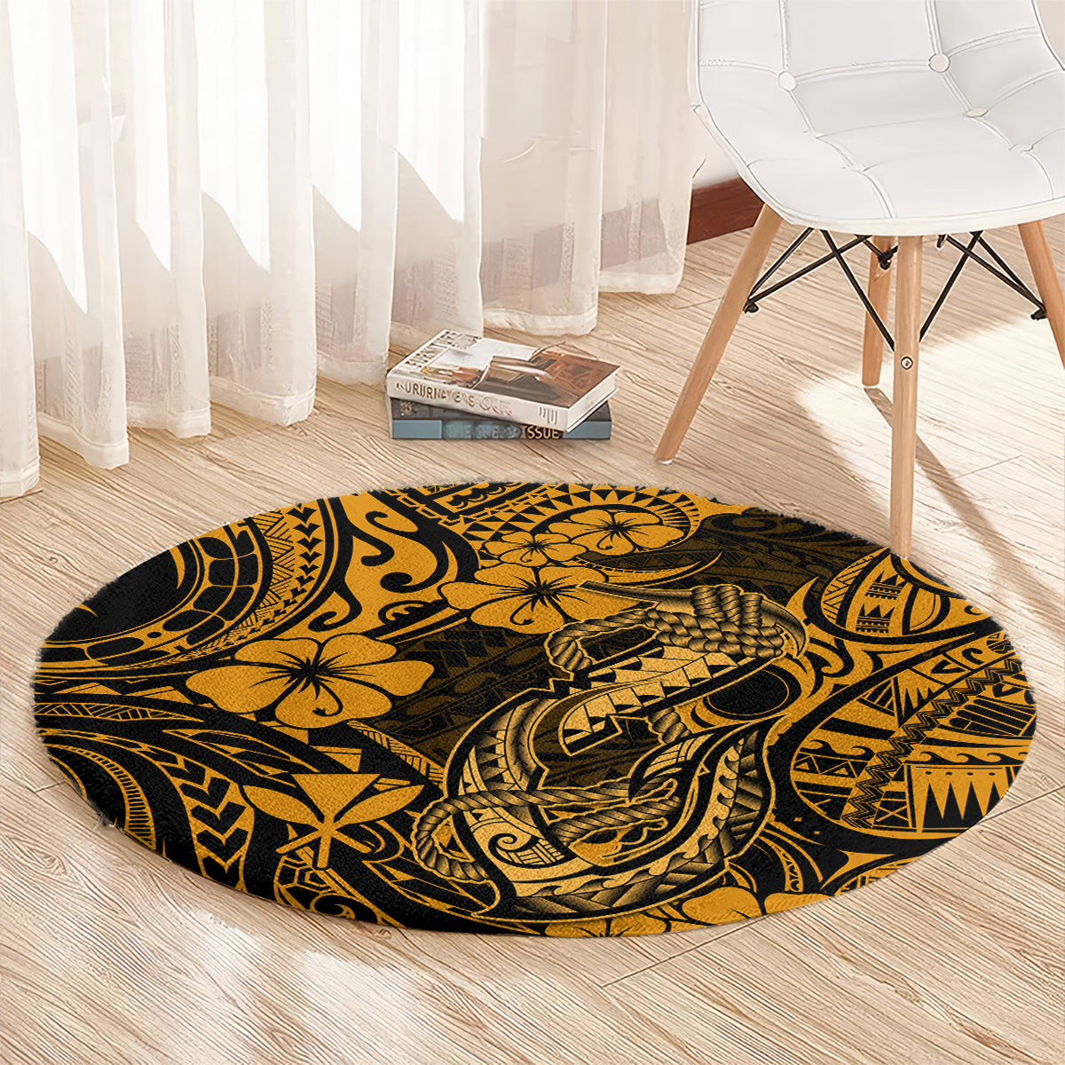 Round gold-and-black Polynesian fish hook patterned carpet under a chair.