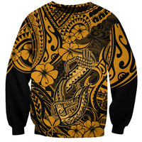 Unisex gold and black Polynesian fish-hook sweatshirt with floral scroll pattern