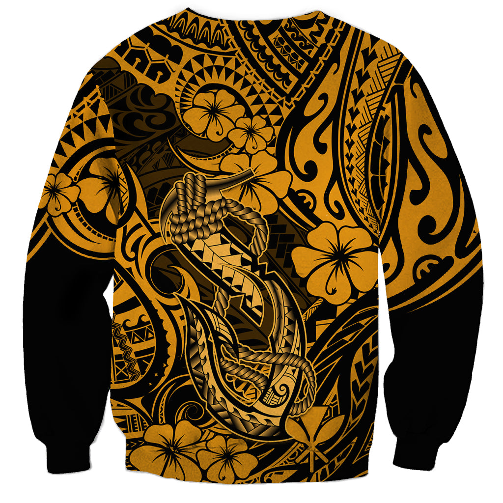 Unisex gold and black Polynesian sweatshirt with fish-hook and floral scroll artwork