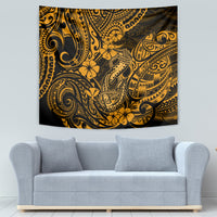 Gold and black Polynesian fish hook tapestry featuring detailed swirl tiki and floral designs