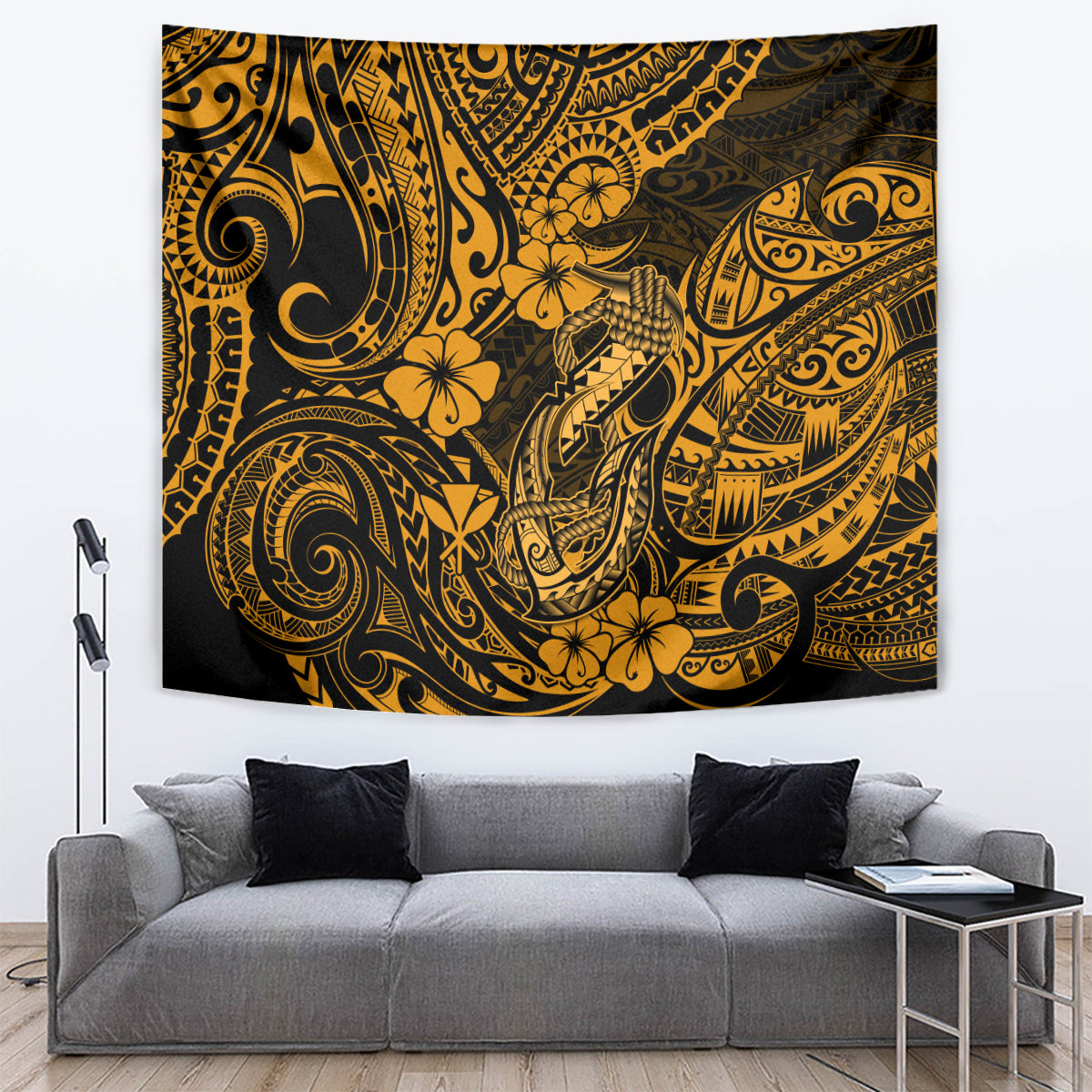 Gold and black Polynesian fish hook wall tapestry with ornate curves and hibiscus-like flowers