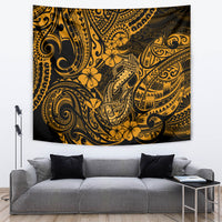 Gold and black Polynesian fish hook wall tapestry with ornate curves and hibiscus-like flowers