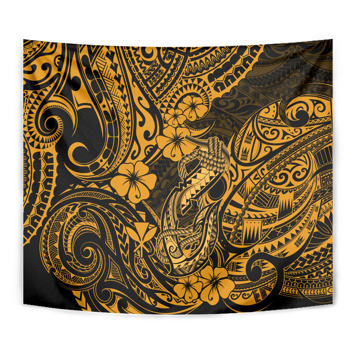 Gold and black Polynesian fish hook tapestry close-up with detailed ornamental swirl and floral pattern