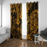 Gold and black Polynesian pattern window curtain panels with draped folds and top rings