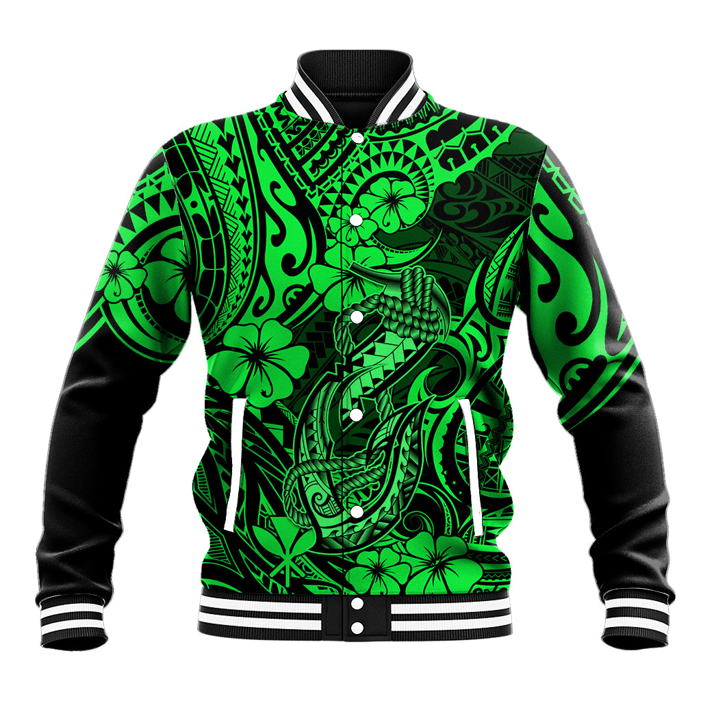 Green polynesian fish-hook baseball jacket, black sleeves, ribbed varsity collar