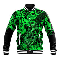 Green polynesian fish-hook baseball jacket, black sleeves, ribbed varsity collar