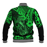 Green polynesian fish-hook baseball jacket, striped ribbed hem and cuffs