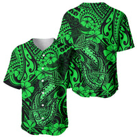 Green Hawaiian baseball jersey with fish-hook tribal floral pattern, side angle