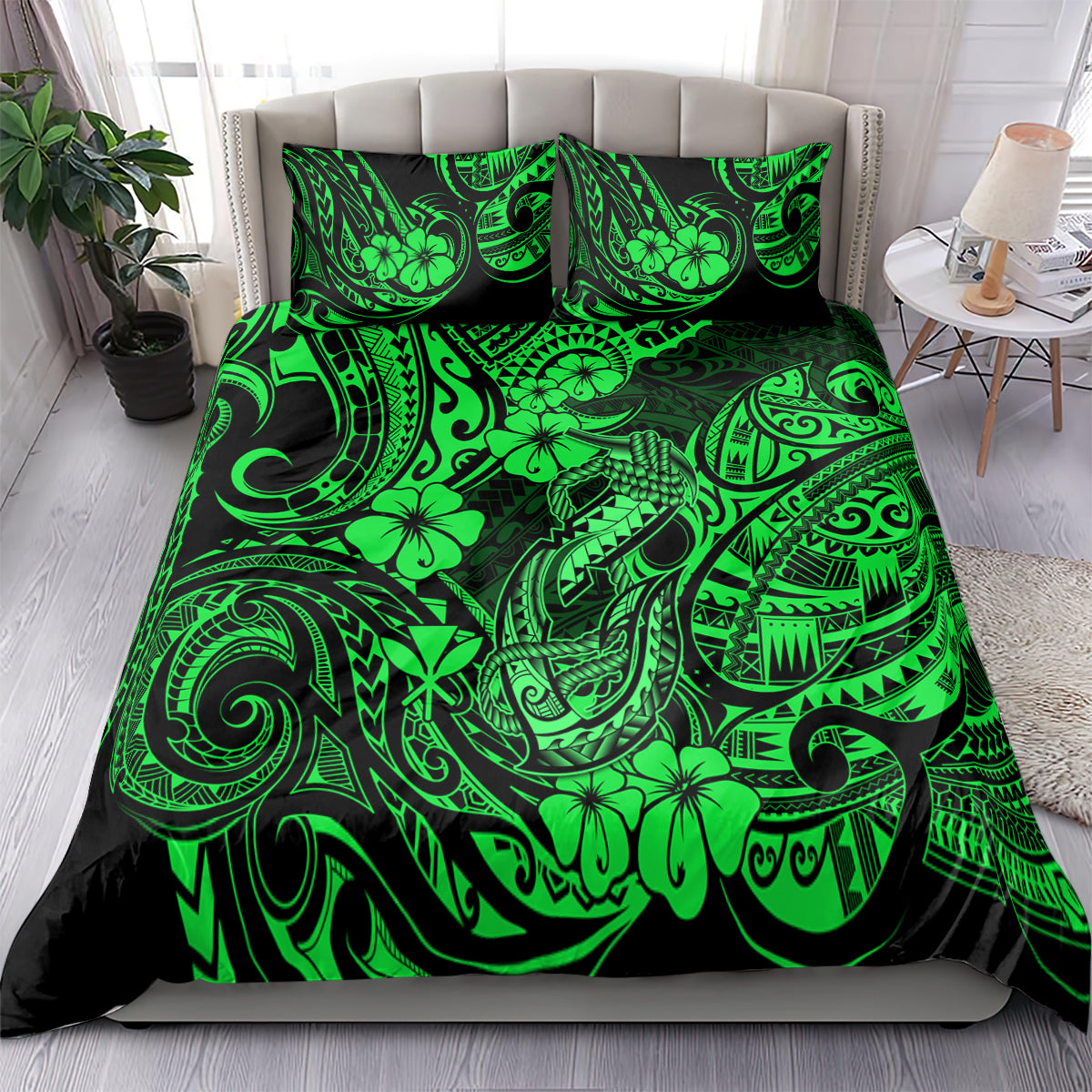Green Polynesian fish hook pattern bedding set with matching pillowcases and comforter