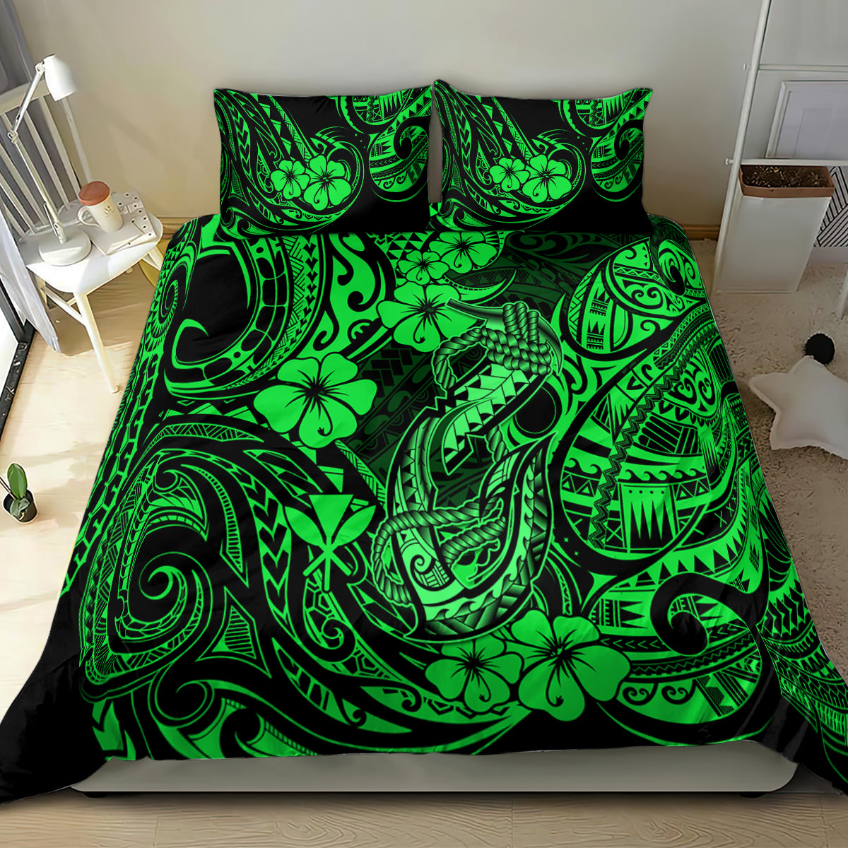 Green Polynesian fish hook pattern bedding set featuring comforter and pillowcases