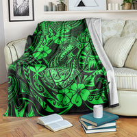 Green Polynesian fish hook blanket with bright green tropical floral and tribal pattern