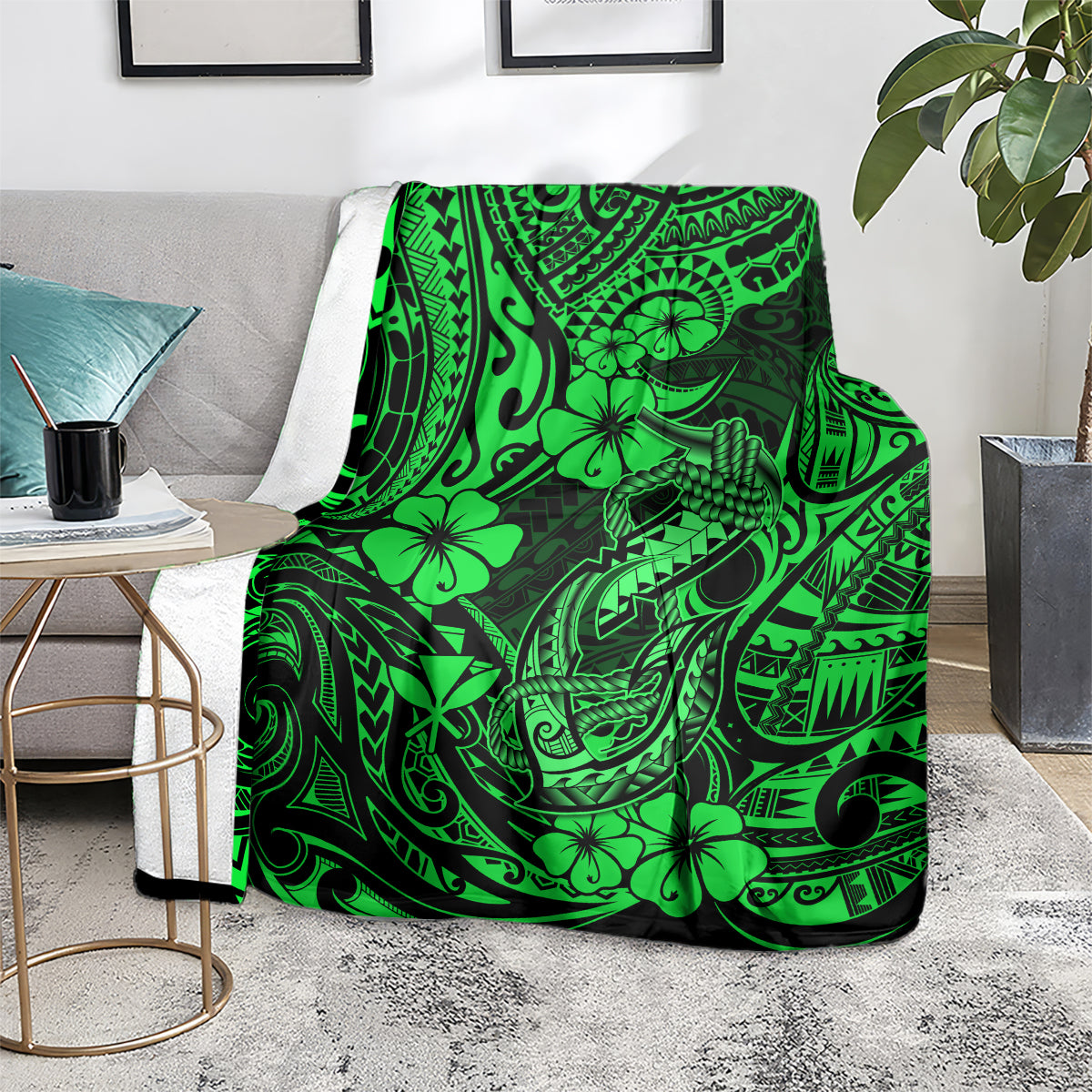 Green Polynesian fish hook blanket with neon-green tribal artwork and hibiscus motifs