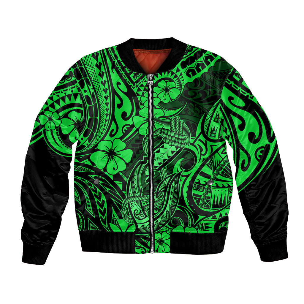 Green bomber jacket with Polynesian fish-hook pattern, front zip, black sleeves