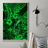 Framed green Polynesian fish hook canvas wall art with intricate tribal motifs and turtle