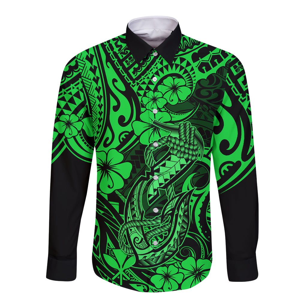 Green long-sleeve button shirt with dark sleeves and Polynesian fish hook pattern