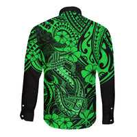 Green long-sleeve button shirt back with dark sleeves and Polynesian fish hook pattern