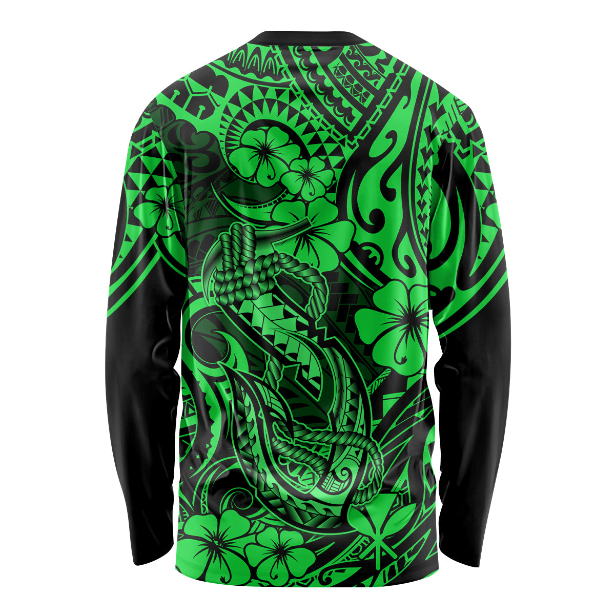 Unisex green long-sleeve shirt, back view with Polynesian fishhook and tiki pattern