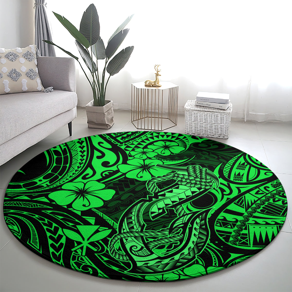 Round green Polynesian pattern rug with fishhook and sea motifs, centered in living room view.