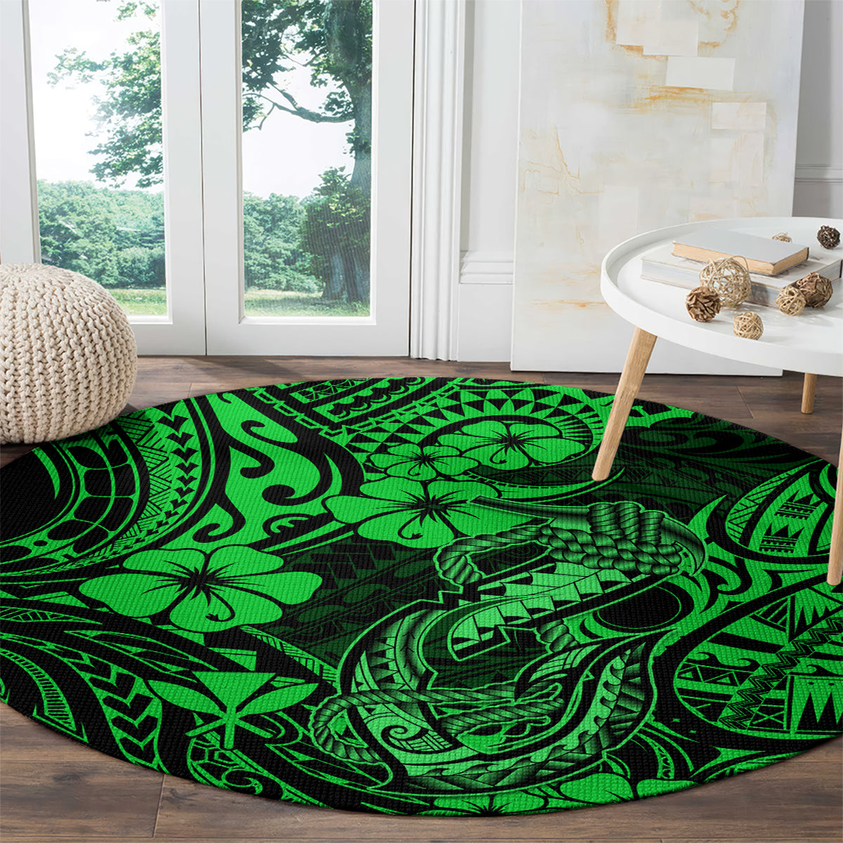 Round green Polynesian pattern rug with fishhook and tiki-style motifs, dark accents and swirls.