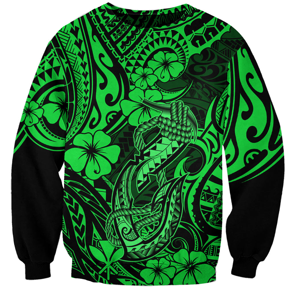 Unisex green sweatshirt with fish hook Polynesian pattern, black sleeves