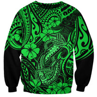 Unisex green sweatshirt with fish hook Polynesian pattern, black sleeves