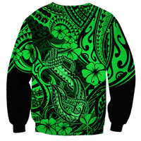 Unisex green sweatshirt with fish hook Polynesian pattern, black cuffs and hem
