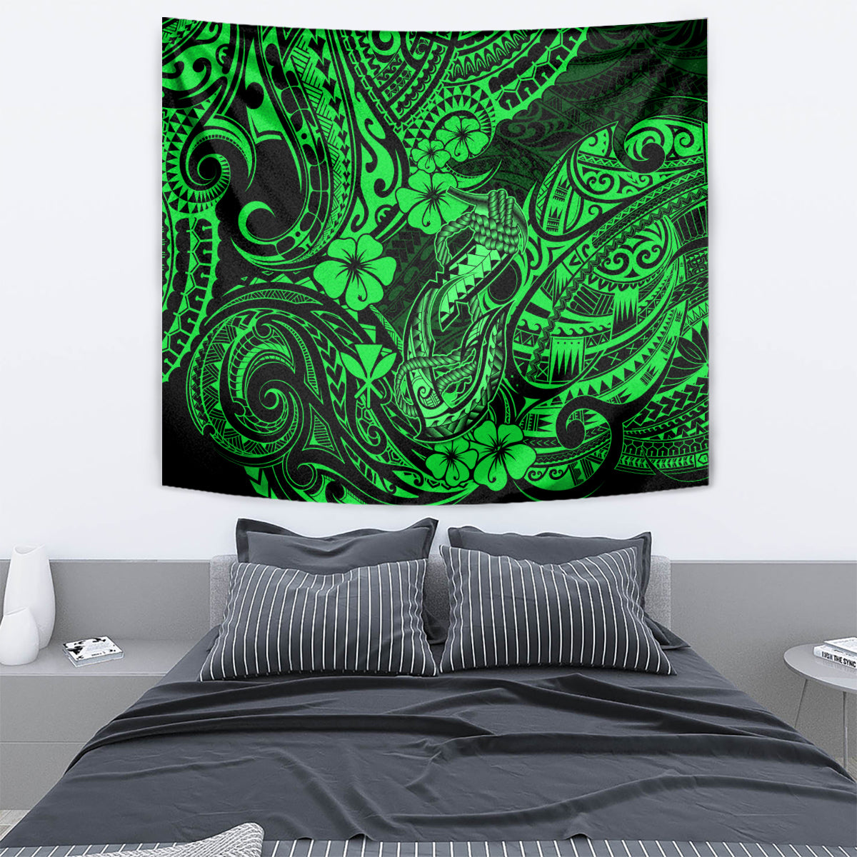 Green Polynesian fish hook tapestry with neon tribal swirls and clovers, rectangular hanging