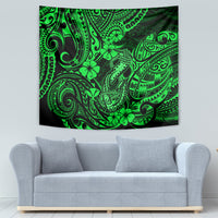 Green Polynesian fish hook tapestry with detailed tribal ornaments and flower-like shapes