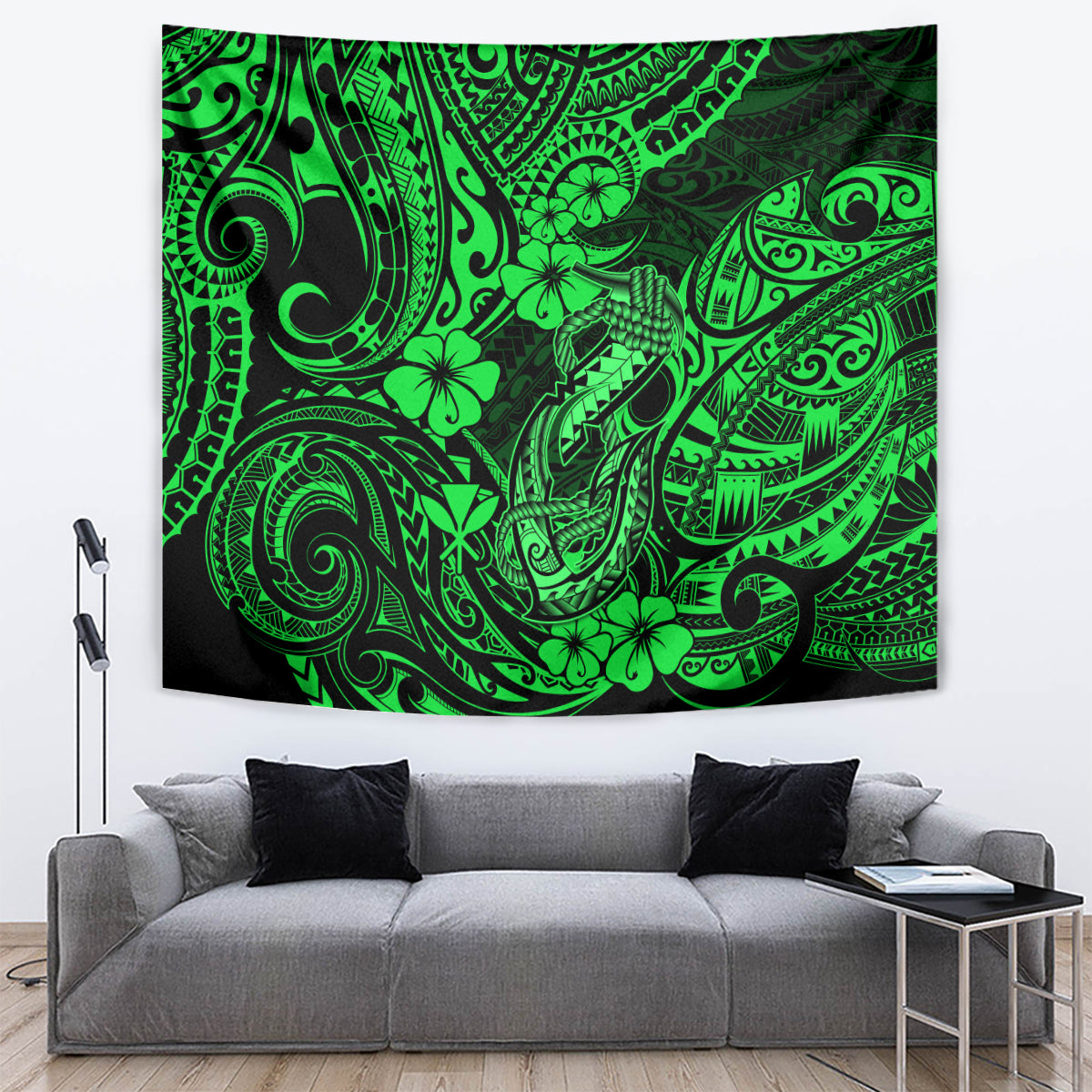 Green Polynesian fish hook tapestry with high-contrast swirls and tiki-like shapes