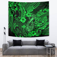 Green Polynesian fish hook tapestry with high-contrast swirls and tiki-like shapes
