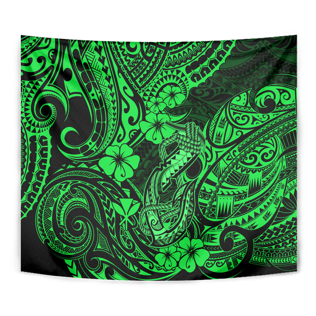 Green Polynesian fish hook tapestry close-up with ornate swirls and clover motifs