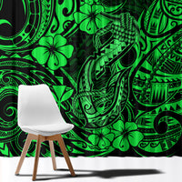 Green patterned window curtain with decorative tribal curls and flower motifs, front view