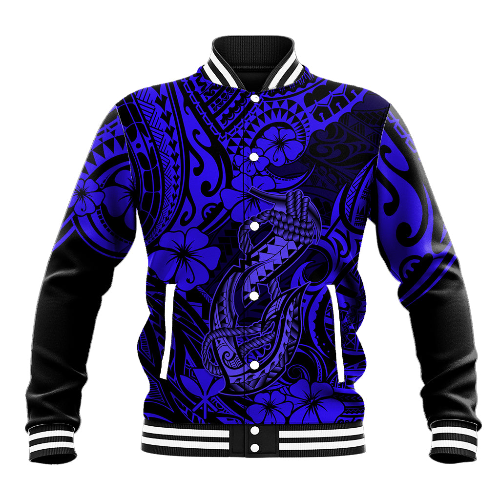 Hawaiian fish hook baseball jacket with navy and blue Polynesian pattern, snap buttons