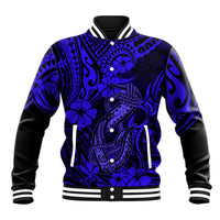 Hawaiian fish hook baseball jacket with navy and blue Polynesian pattern, snap buttons