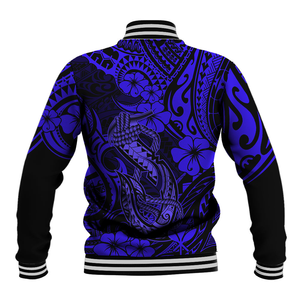 Hawaiian fish hook baseball jacket, back view with navy and blue Polynesian motif