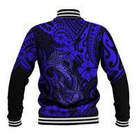 Hawaiian fish hook baseball jacket, back view with navy and blue Polynesian motif